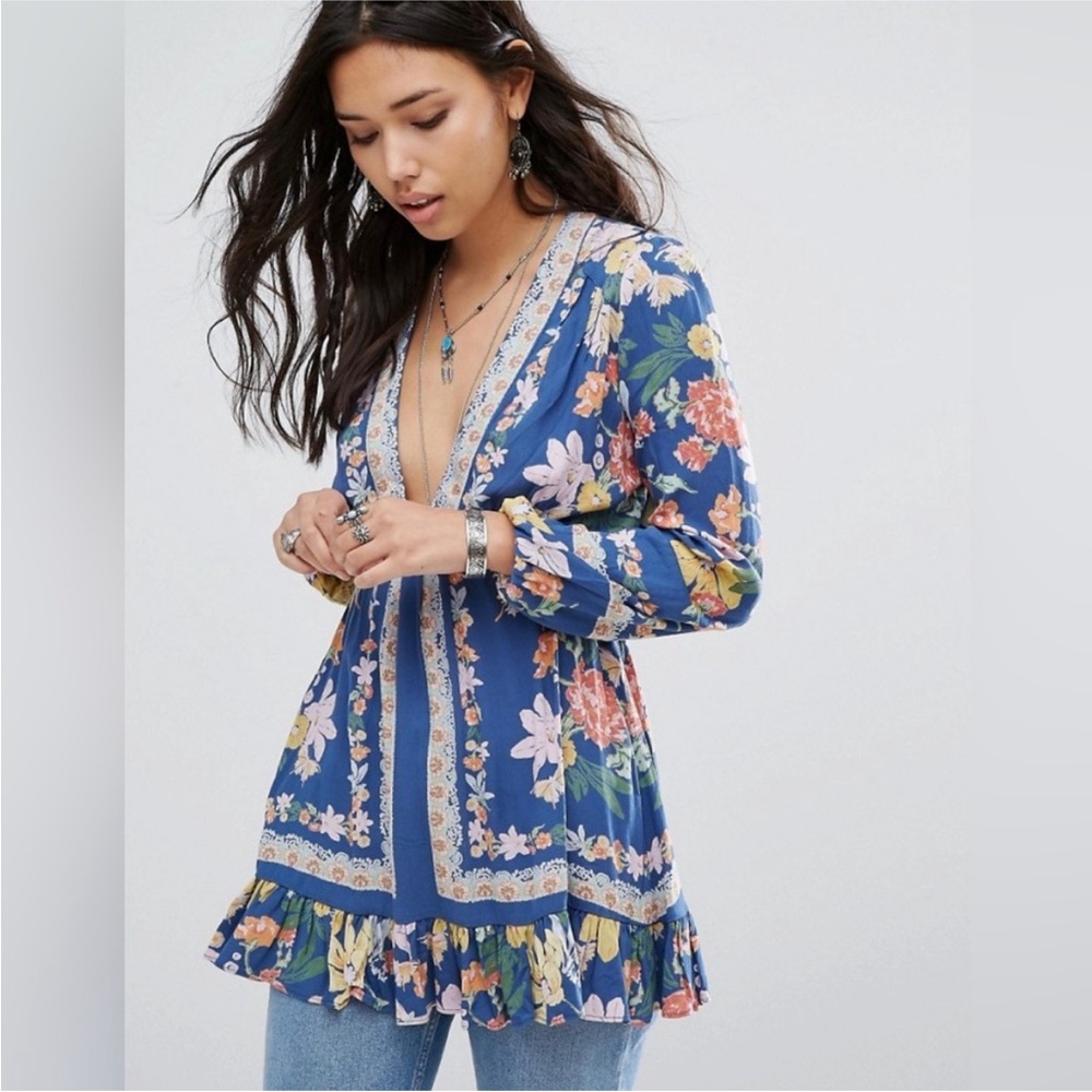 Free People Violet Hill Blue Floral Tunic Top